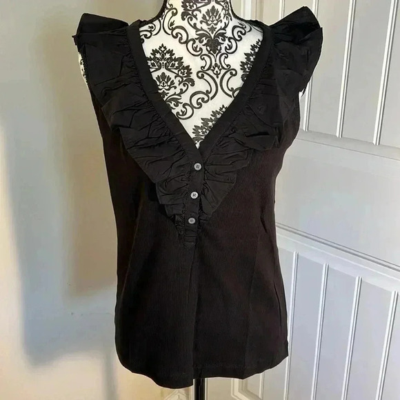 Loft Ruffle Mixed Media V-Neck Top NWT - Picture 2 of 6